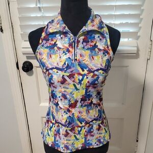 Tzu Tzu Blue Pink Fitted Graphic Tank Top